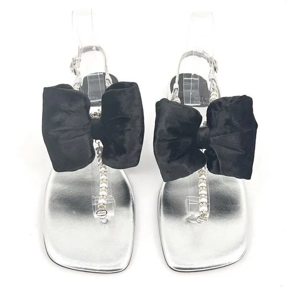 Jeffrey Campbell BONHEUR Black Bow Silver Leather Pearl T-bar Sandals 8.5