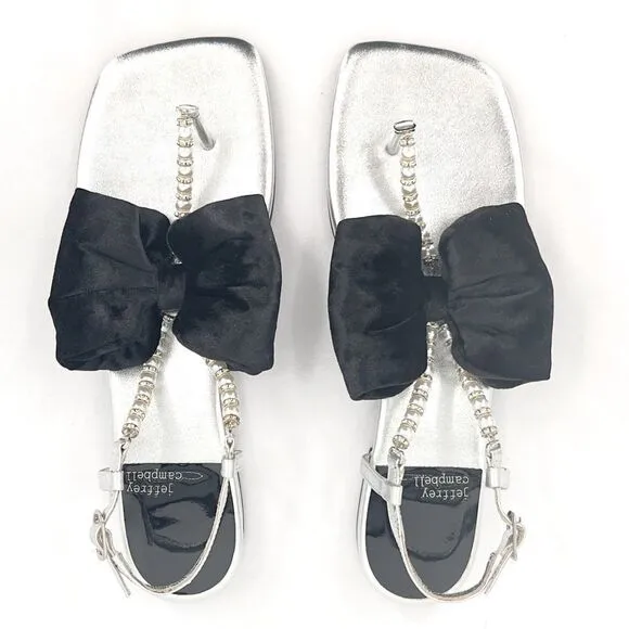 Jeffrey Campbell BONHEUR Black Bow Silver Leather Pearl T-bar Sandals 8.5