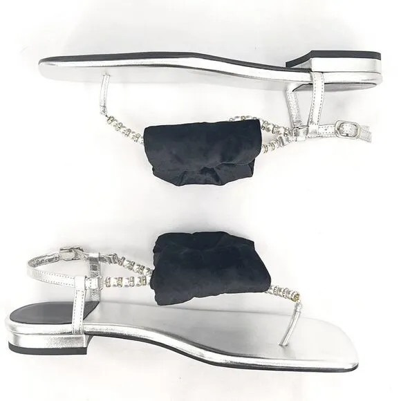 Jeffrey Campbell BONHEUR Black Bow Silver Leather Pearl T-bar Sandals 8.5