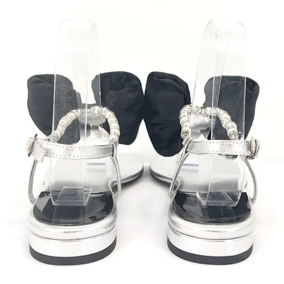 Jeffrey Campbell BONHEUR Black Bow Silver Leather Pearl T-bar Sandals 8.5