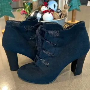 Jill Stuart Canvas Navy Blue Heeled Ankle Lace-Up Booties Boots Side Zip
