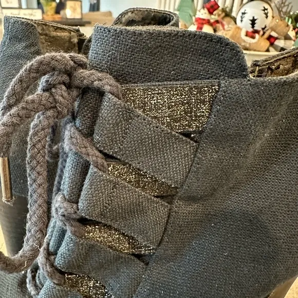 Jill Stuart Canvas Navy Blue Heeled Ankle Lace-Up Booties Boots Side Zip