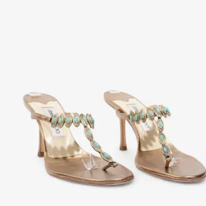 Jimmy Choo Kayla T Strap Jewel Sandals Gold Turquoise 7 1/2