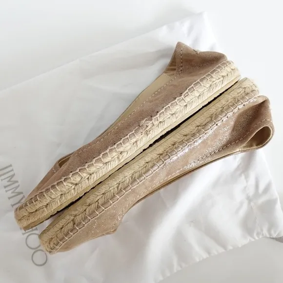 Jimmy Choo Pow Light Brown Shimmery Jute Flat Espadrilles EU 40 US 9