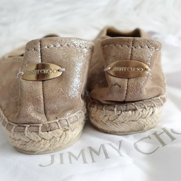 Jimmy Choo Pow Light Brown Shimmery Jute Flat Espadrilles EU 40 US 9