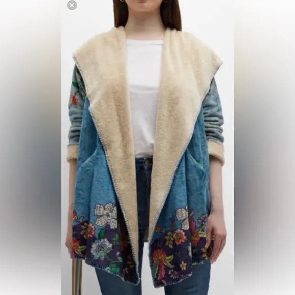 Johnny Was BIYA Shellinay Hooded Sherpa Fleece Open Front Cardigan Wrap Sweater