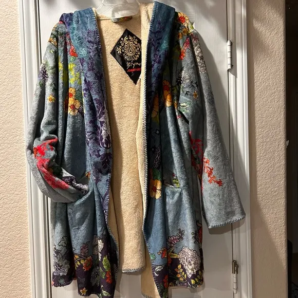 Johnny Was BIYA Shellinay Hooded Sherpa Fleece Open Front Cardigan Wrap Sweater