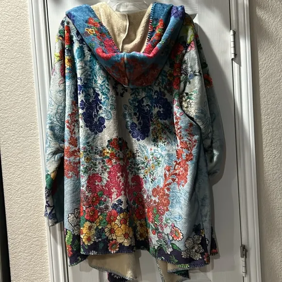 Johnny Was BIYA Shellinay Hooded Sherpa Fleece Open Front Cardigan Wrap Sweater