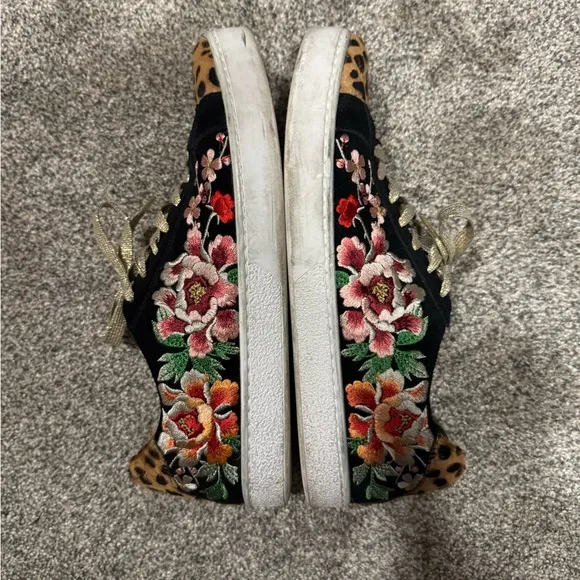 Johnny Was Leopard Print Flower Embroidered Women's Sneakers with Gold Accents