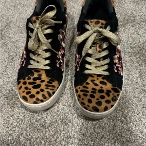 Johnny Was Leopard Print Flower Embroidered Women's Sneakers with Gold Accents