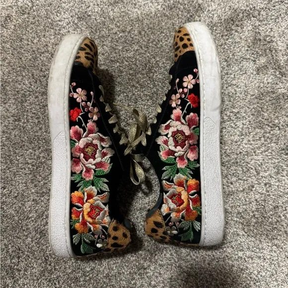 Johnny Was Leopard Print Flower Embroidered Women's Sneakers with Gold Accents