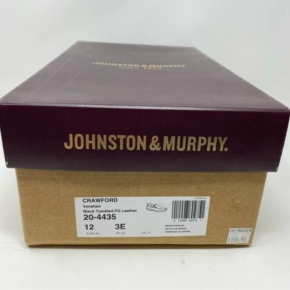 Johnston &amp; Murphy Crawford Venetian Loafer Black Tumbled FG Leather EEE WIDTH