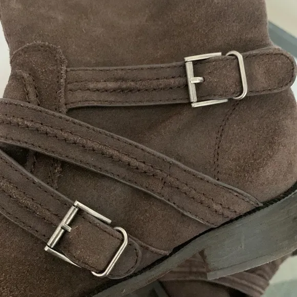 JOIE Slouchy Brown Suede Leather Buckle Harness Ankle Moto Boots 39.5