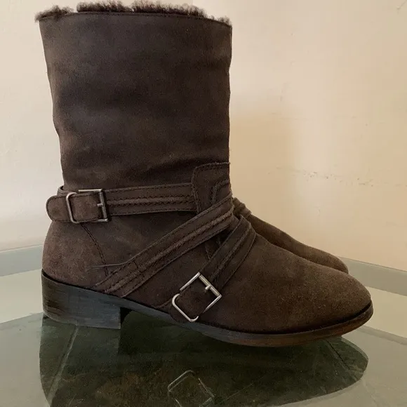 JOIE Slouchy Brown Suede Leather Buckle Harness Ankle Moto Boots 39.5