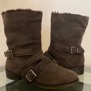 JOIE Slouchy Brown Suede Leather Buckle Harness Ankle Moto Boots 39.5