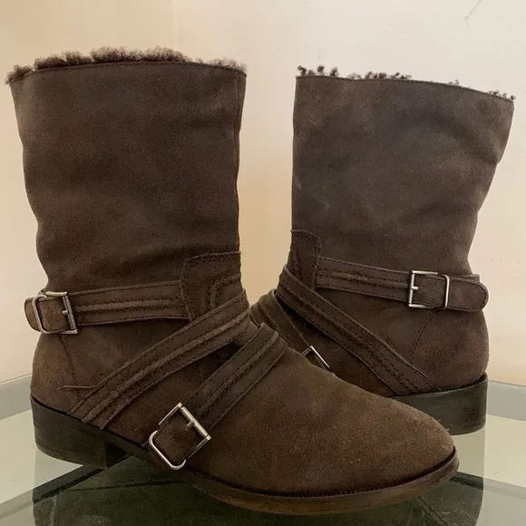JOIE Slouchy Brown Suede Leather Buckle Harness Ankle Moto Boots 39.5