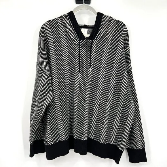 JOIE Women's Black &amp; White Chevron Long Sleeve Hooded Sweater Size 2x