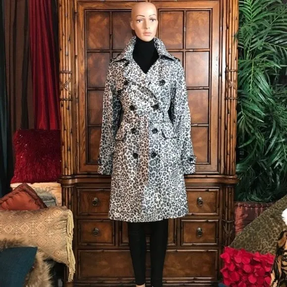 Jones New York Shades of Grey Leopard Faux Leather Tipped Trench Coat
