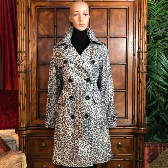 Jones New York Shades of Grey Leopard Faux Leather Tipped Trench Coat