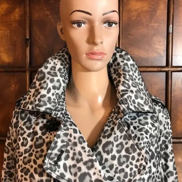 Jones New York Shades of Grey Leopard Faux Leather Tipped Trench Coat