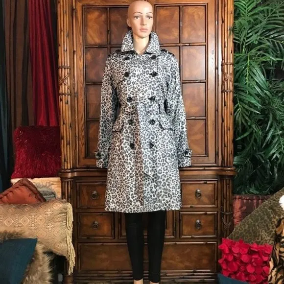 Jones New York Shades of Grey Leopard Faux Leather Tipped Trench Coat