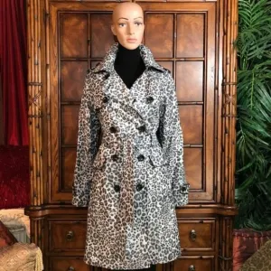 Jones New York Shades of Grey Leopard Faux Leather Tipped Trench Coat