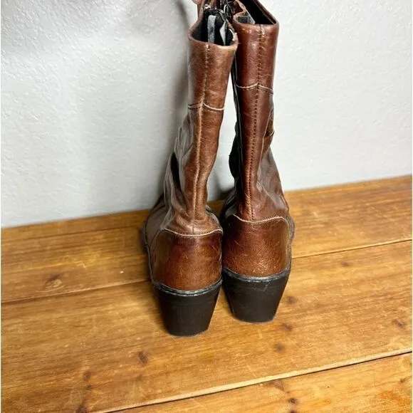 Josef Seibel brown leather ruched gathered mid calf heel boots size 39
