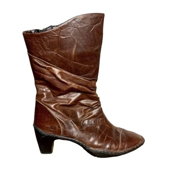 Josef Seibel brown leather ruched gathered mid calf heel boots size 39