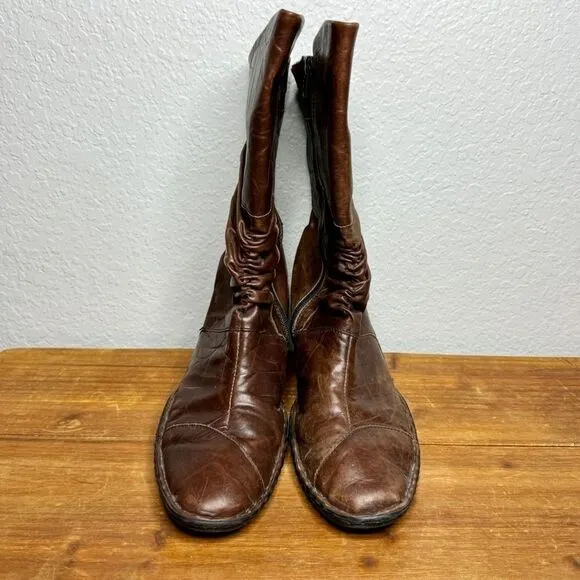 Josef Seibel brown leather ruched gathered mid calf heel boots size 39