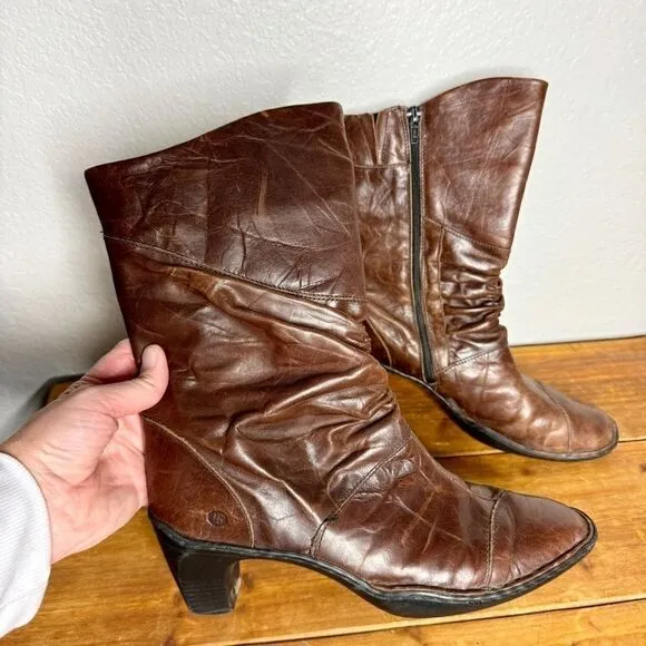 Josef Seibel brown leather ruched gathered mid calf heel boots size 39