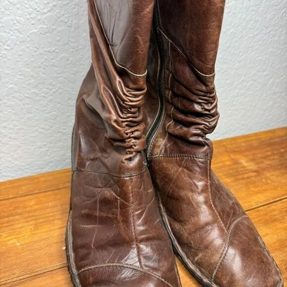Josef Seibel brown leather ruched gathered mid calf heel boots size 39