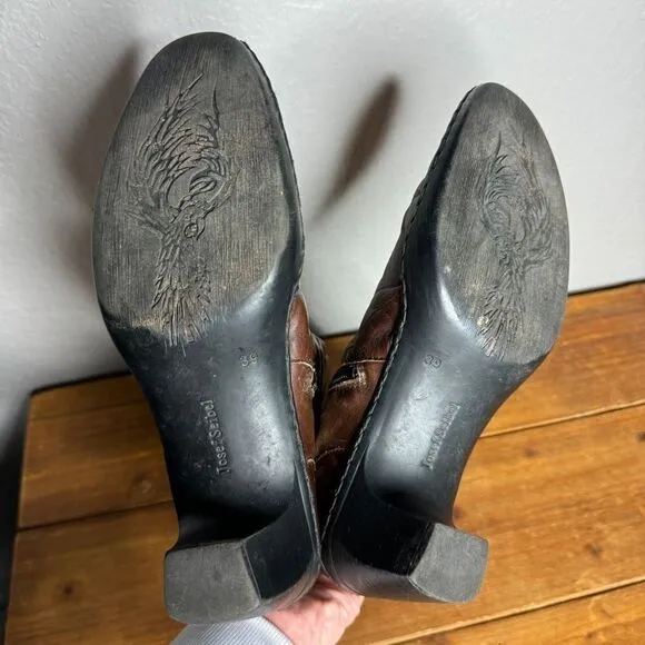 Josef Seibel brown leather ruched gathered mid calf heel boots size 39