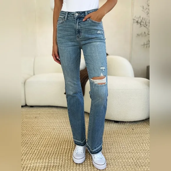 Just In!! Judy Blue Full Size Mid Rise Destroyed Hem Distressed Jeans