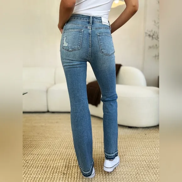 Just In!! Judy Blue Full Size Mid Rise Destroyed Hem Distressed Jeans
