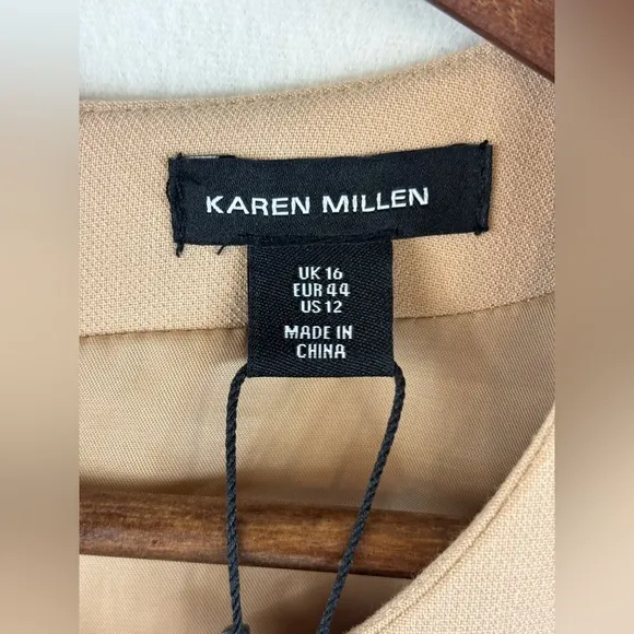 KAREN MILLEN Tailored Mini Dress Stretch Essential Waist Tab Button Camel NEW 12