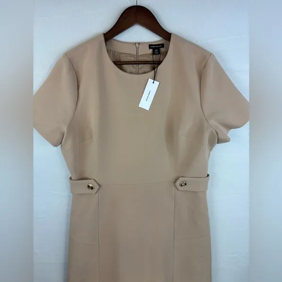 KAREN MILLEN Tailored Mini Dress Stretch Essential Waist Tab Button Camel NEW 12