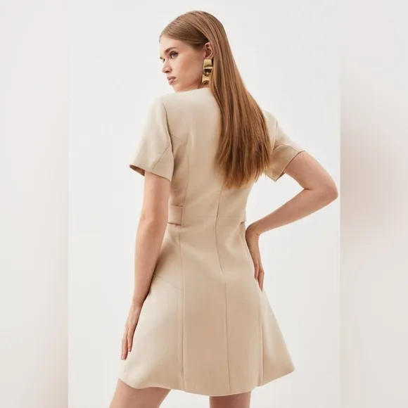 KAREN MILLEN Tailored Mini Dress Stretch Essential Waist Tab Button Camel NEW 12