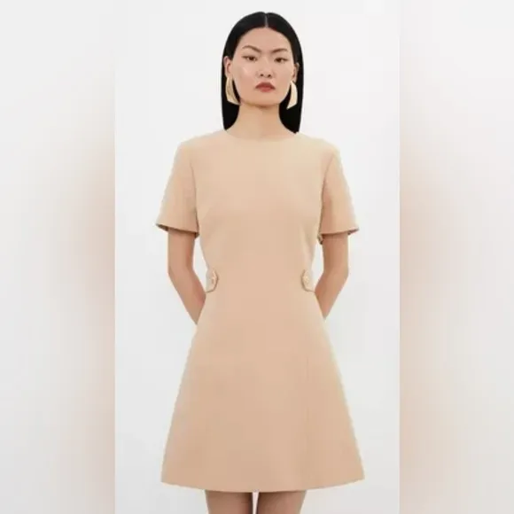 KAREN MILLEN Tailored Mini Dress Stretch Essential Waist Tab Button Camel NEW 12