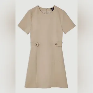 KAREN MILLEN Tailored Mini Dress Stretch Essential Waist Tab Button Camel NEW 12