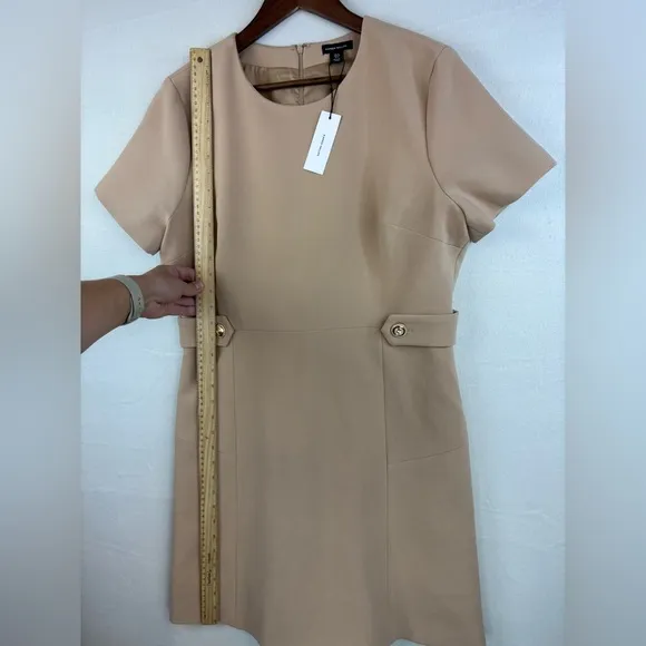KAREN MILLEN Tailored Mini Dress Stretch Essential Waist Tab Button Camel NEW 12