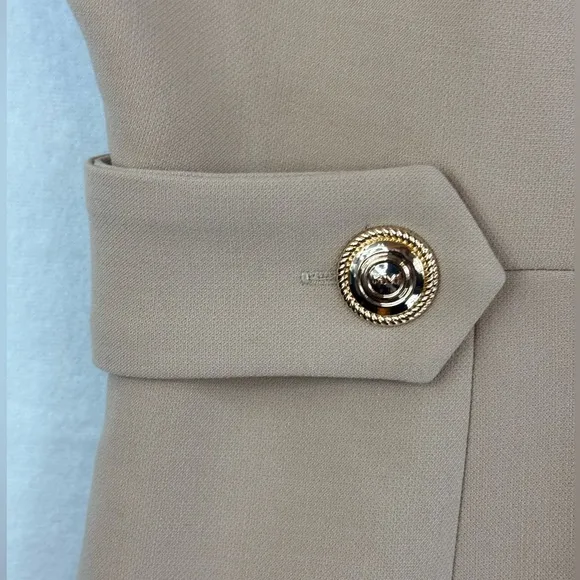 KAREN MILLEN Tailored Mini Dress Stretch Essential Waist Tab Button Camel NEW 12