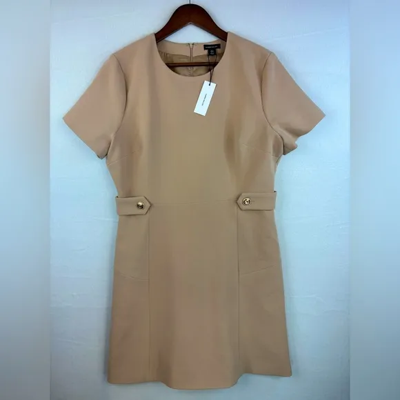 KAREN MILLEN Tailored Mini Dress Stretch Essential Waist Tab Button Camel NEW 12