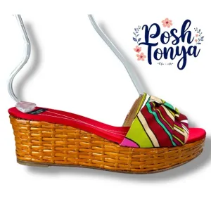 Kate Spade Art Deco Wicker Platform Wedge Open Toe Slip On Sandals, Red, Size 9