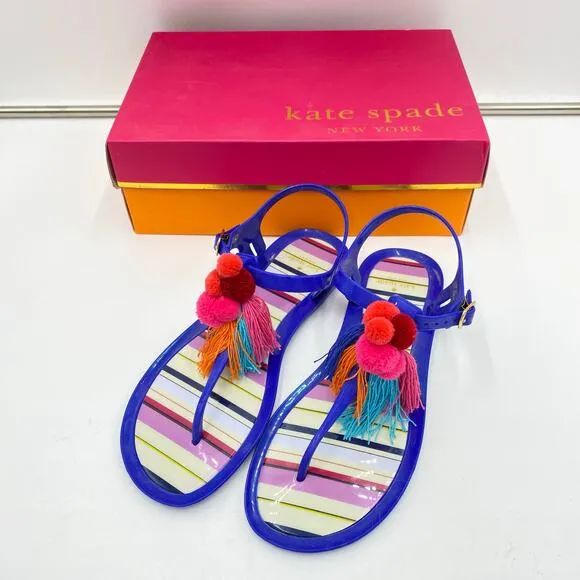 Kate Spade Blue with Multicolor Pom Pom Thong Strap On Jelly Sandals Size 8