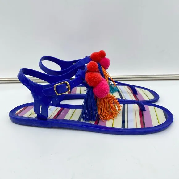 Kate Spade Blue with Multicolor Pom Pom Thong Strap On Jelly Sandals Size 8