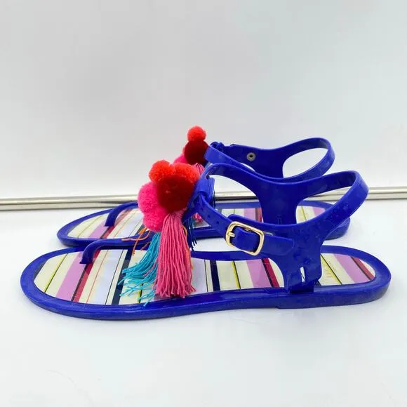 Kate Spade Blue with Multicolor Pom Pom Thong Strap On Jelly Sandals Size 8