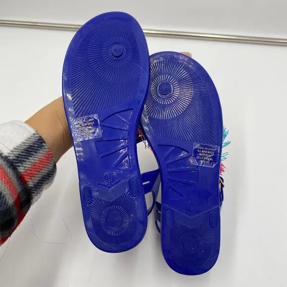 Kate Spade Blue with Multicolor Pom Pom Thong Strap On Jelly Sandals Size 8