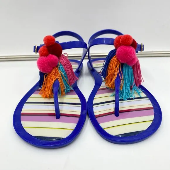 Kate Spade Blue with Multicolor Pom Pom Thong Strap On Jelly Sandals Size 8