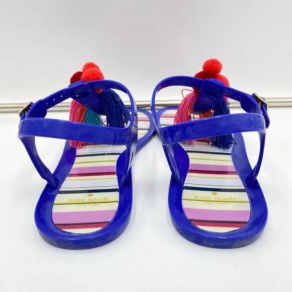 Kate Spade Blue with Multicolor Pom Pom Thong Strap On Jelly Sandals Size 8