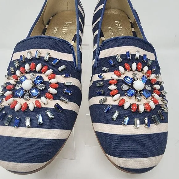 Kate Spade Loafers Womens 8 Blue  Striped Embellished New York Shoes